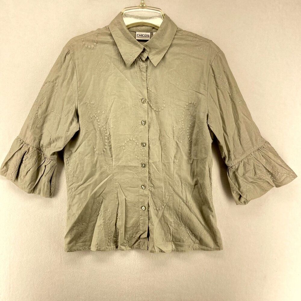 Chicos Women's Blouse Embroidered Floral Print Gray Color Size 1 Ladies